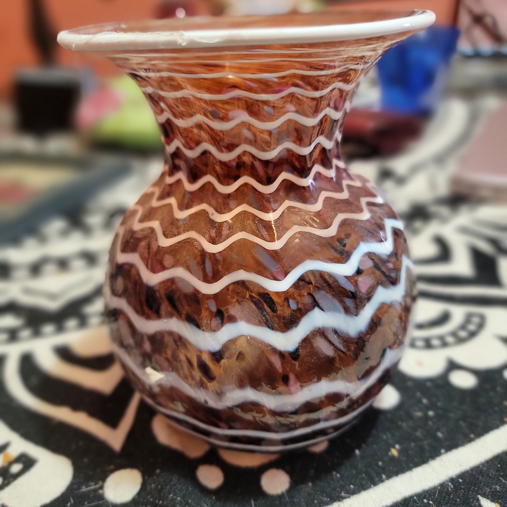 Brown and White Zigzag Glass Vase